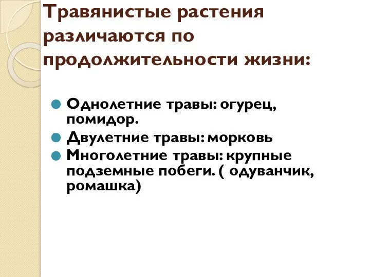 Травянистые растения различаются по продолжительности жизни: Однолетние травы: огурец, помидор. Двулетние травы: