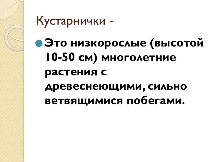 Кустарнички - Это низкорослые (высотой 10-50 см) многолетние растения с древеснеющими, сильно ветвящимися побегами.