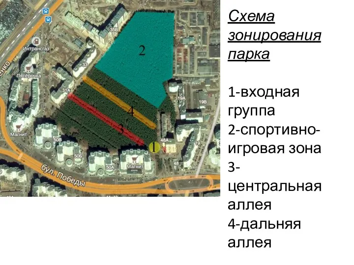 Схема зонирования парка 1-входная группа 2-спортивно-игровая зона 3-центральная аллея 4-дальняя аллея