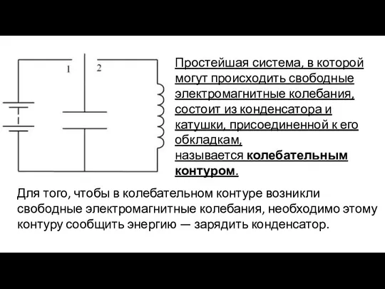 Простейшая система, в которой могут происходить свободные электромагнитные колебания, состоит из конденсатора