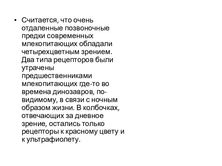 Считается, что очень отдаленные позвоночные предки современных млекопитающих обладали четырехцветным зрением. Два