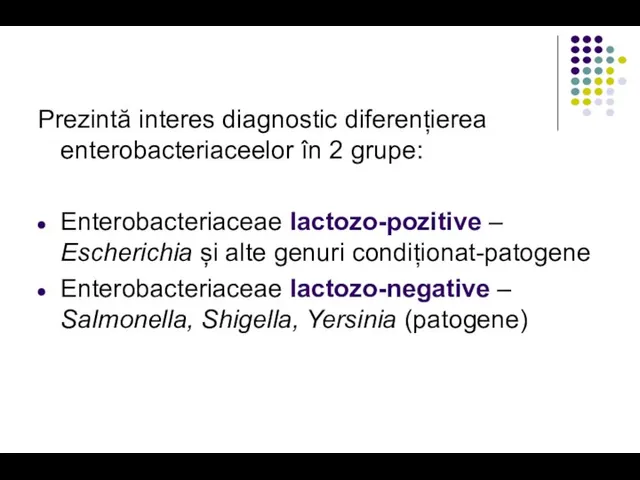 Prezintă interes diagnostic diferențierea enterobacteriaceelor în 2 grupe: Enterobacteriaceae lactozo-pozitive – Escherichia