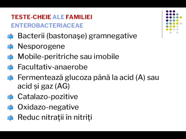 TESTE-CHEIE ALE FAMILIEI ENTEROBACTERIACEAE Bacterii (bastonaşe) gramnegative Nesporogene Mobile-peritriche sau imobile Facultativ-anaerobe