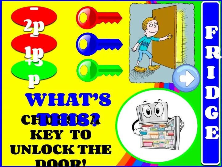 CHOOSE A KEY TO UNLOCK THE DOOR! +3p - 1p - 2p WHAT’S THIS? FRIDGE