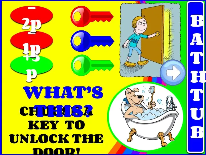 CHOOSE A KEY TO UNLOCK THE DOOR! +3p - 1p - 2p WHAT’S THIS? BATHTUB