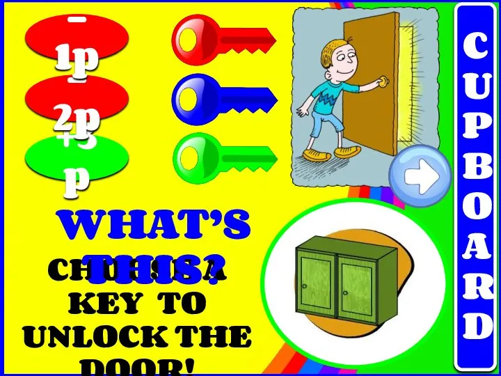 CHOOSE A KEY TO UNLOCK THE DOOR! +3p - 2p - 1p WHAT’S THIS? CUPBOARD