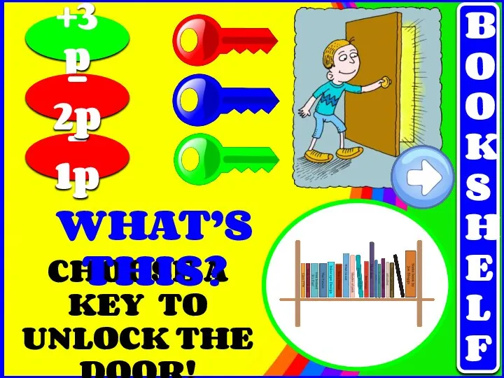 CHOOSE A KEY TO UNLOCK THE DOOR! +3p - 1p - 2p WHAT’S THIS? BOOKSHELF