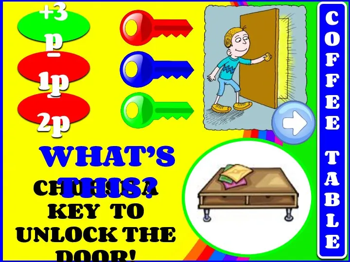 CHOOSE A KEY TO UNLOCK THE DOOR! +3p - 2p - 1p WHAT’S THIS? COFFEE TABLE