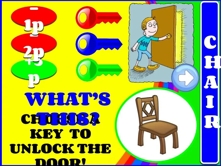 CHOOSE A KEY TO UNLOCK THE DOOR! +3p - 2p - 1p WHAT’S THIS? CHAIR