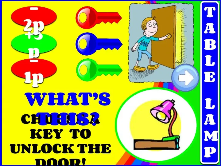 CHOOSE A KEY TO UNLOCK THE DOOR! +3p - 1p - 2p WHAT’S THIS? TABLE LAMP