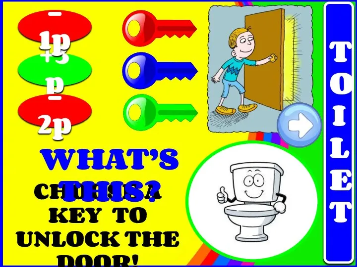 CHOOSE A KEY TO UNLOCK THE DOOR! +3p - 2p - 1p WHAT’S THIS? TOILET