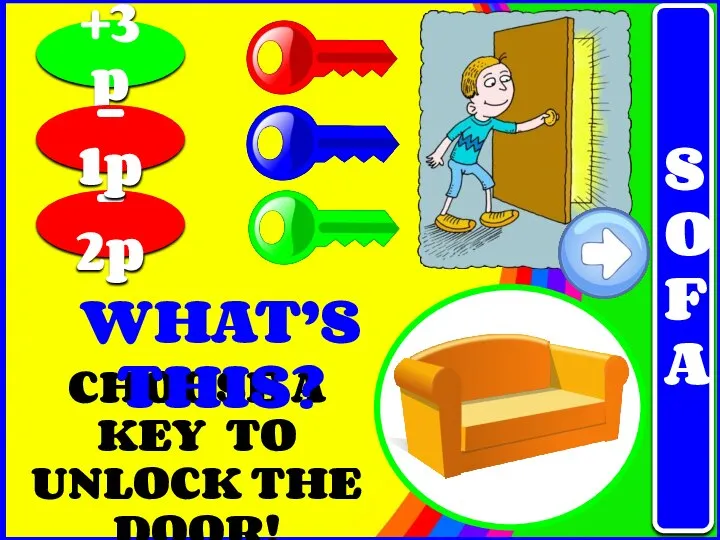 CHOOSE A KEY TO UNLOCK THE DOOR! +3p - 2p - 1p WHAT’S THIS? SOFA