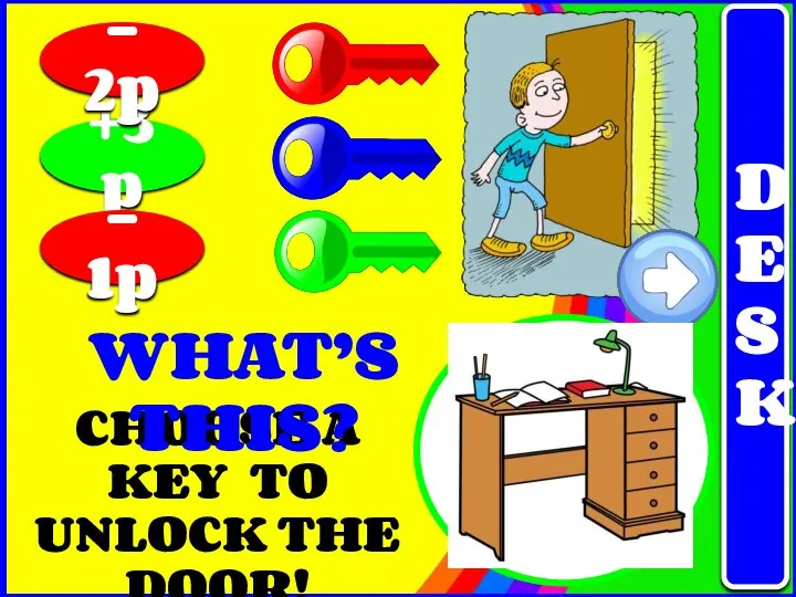 CHOOSE A KEY TO UNLOCK THE DOOR! +3p - 1p - 2p WHAT’S THIS? DESK