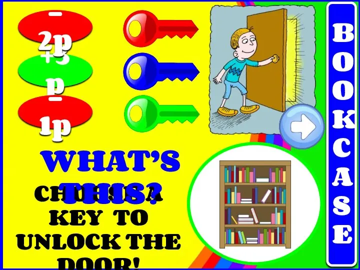 CHOOSE A KEY TO UNLOCK THE DOOR! +3p - 1p - 2p WHAT’S THIS? BOOKCASE
