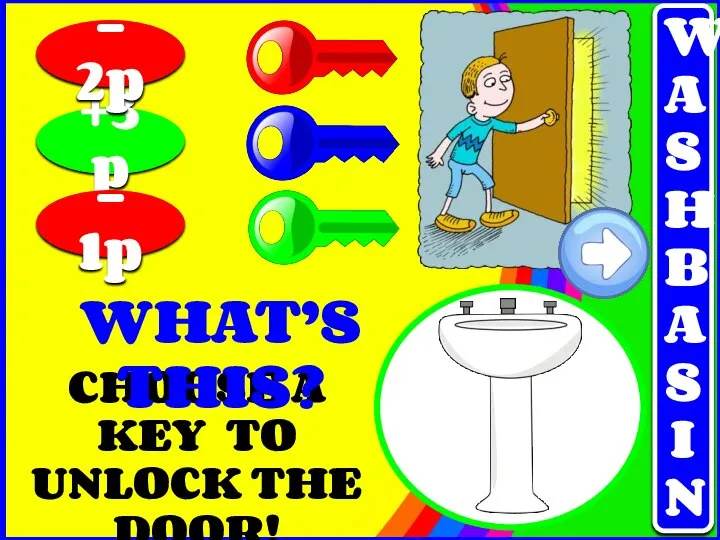 CHOOSE A KEY TO UNLOCK THE DOOR! +3p - 1p - 2p WHAT’S THIS? WASHBASIN