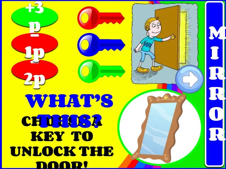 CHOOSE A KEY TO UNLOCK THE DOOR! +3p - 2p - 1p WHAT’S THIS? MIRROR