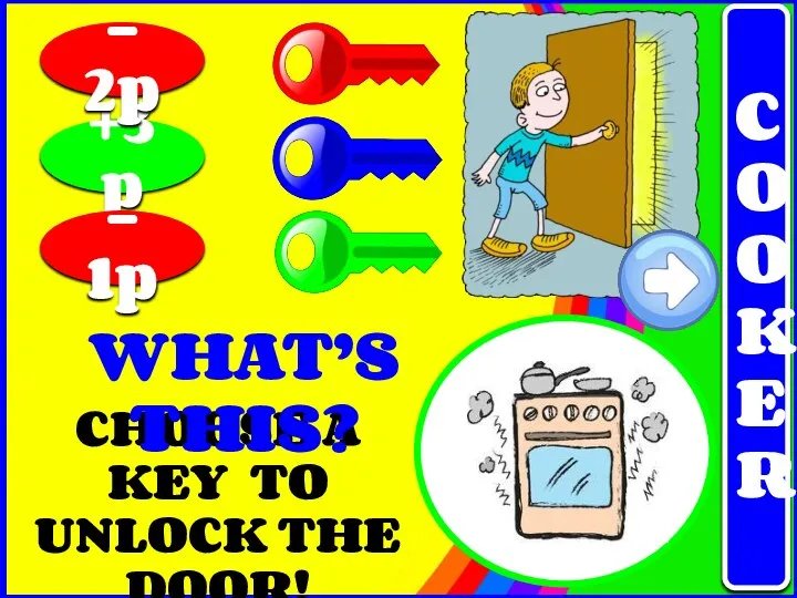 CHOOSE A KEY TO UNLOCK THE DOOR! +3p - 1p - 2p WHAT’S THIS? COOKER