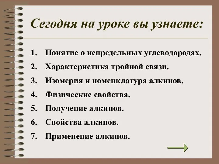 Сегодня на уроке вы узнаете: Понятие о непредельных углеводородах. Характеристика тройной связи.