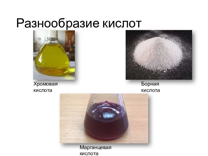 Разнообразие кислот Хромовая кислота Борная кислота Марганцевая кислота