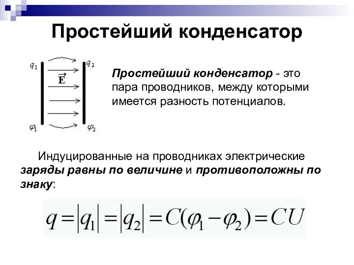 Простейший конденсатор Индуцированные на проводниках электрические заряды равны по величине и противоположны