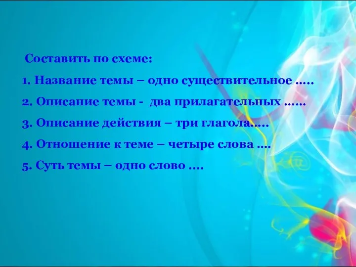 Составить по схеме: 1. Название темы – одно существительное ….. 2. Описание