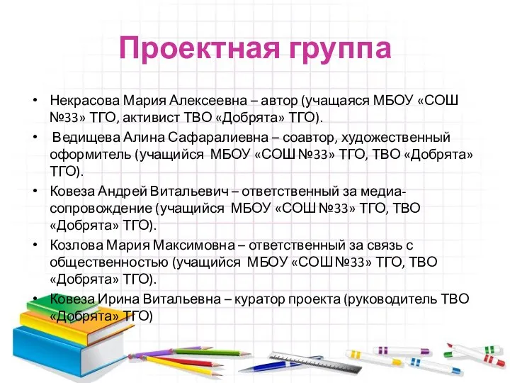 Проектная группа Некрасова Мария Алексеевна – автор (учащаяся МБОУ «СОШ №33» ТГО,