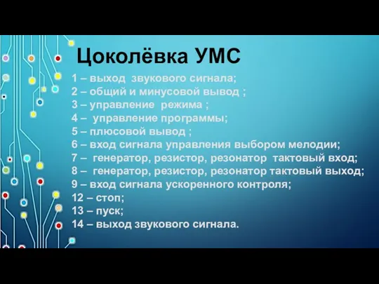 Цоколёвка УМС 1 – выход звукового сигнала; 2 – общий и минусовой