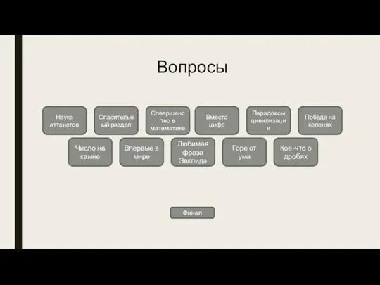 Вопросы Наука аттеистов Спасительный раздел Совершенство в математике Вместо цифр Парадоксы цивилизации