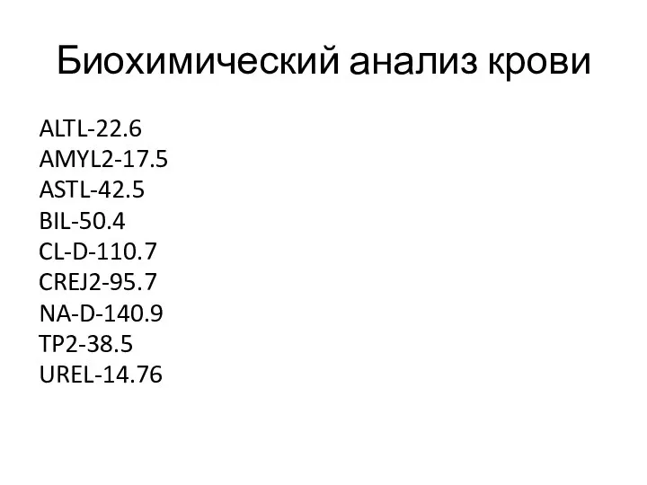 Биохимический анализ крови ALTL-22.6 AMYL2-17.5 ASTL-42.5 BIL-50.4 CL-D-110.7 CREJ2-95.7 NA-D-140.9 TP2-38.5 UREL-14.76