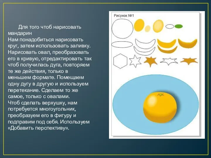 Для того чтоб нарисовать мандарин Нам понадобиться нарисовать круг, затем использовать заливку.