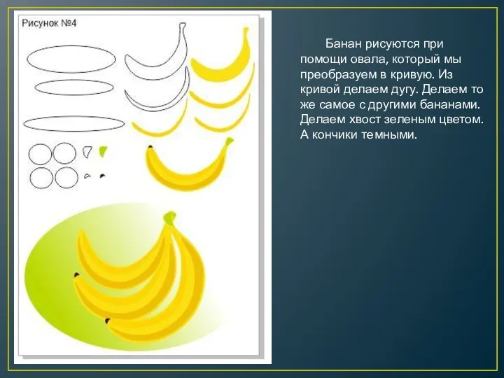 Банан рисуются при помощи овала, который мы преобразуем в кривую. Из кривой