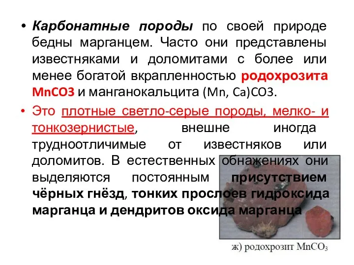 Карбонатные породы по своей природе бедны марганцем. Часто они представлены известняками и