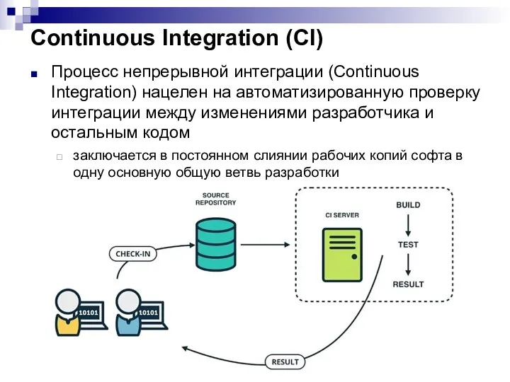 Continuous Integration (CI) Процесс непрерывной интеграции (Continuous Integration) нацелен на автоматизированную проверку