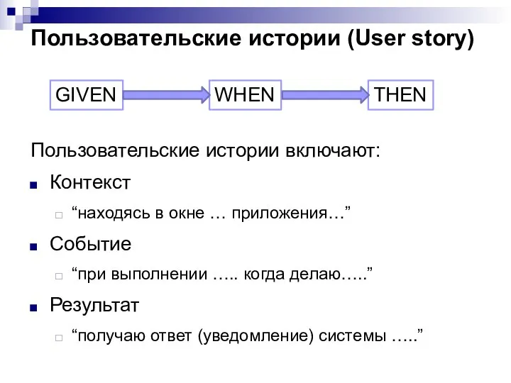 Пользовательские истории (User story) Пользовательские истории включают: Контекст “находясь в окне …
