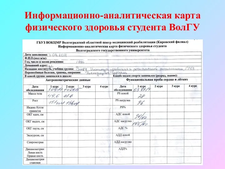 Информационно-аналитическая карта физического здоровья студента ВолГУ