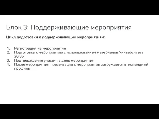 Блок 3: Поддерживающие мероприятия Цикл подготовки к поддерживающим мероприятиям: Регистрация на мероприятие