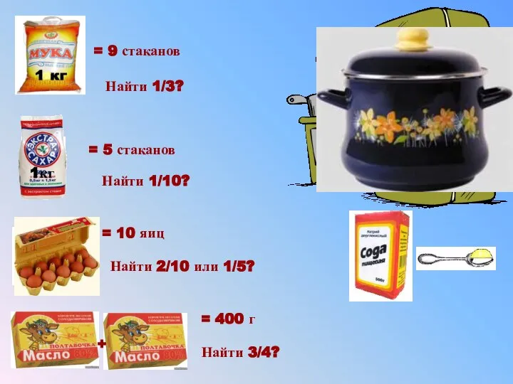 200 г = 5 стаканов = 9 стаканов Найти 1/3? Найти 1/10?