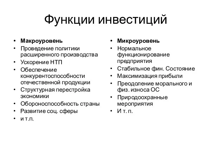 Функции инвестиций Макроуровень Проведение политики расширенного производства Ускорение НТП Обеспечение конкурентоспособности отечественной