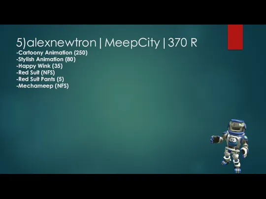 5)alexnewtron|MeepCity|370 R -Cartoony Animation (250) -Stylish Animation (80) -Happy Wink (35) -Red
