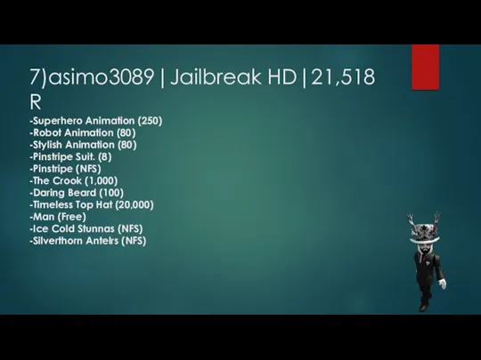 7)asimo3089|Jailbreak HD|21,518 R -Superhero Animation (250) -Robot Animation (80) -Stylish Animation (80)