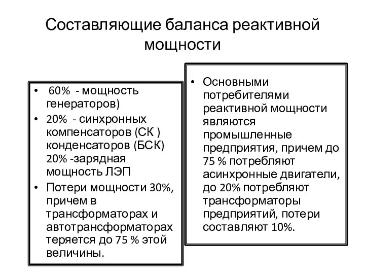 Составляющие баланса реактивной мощности 60% - мощность генераторов) 20% - синхронных компенсаторов