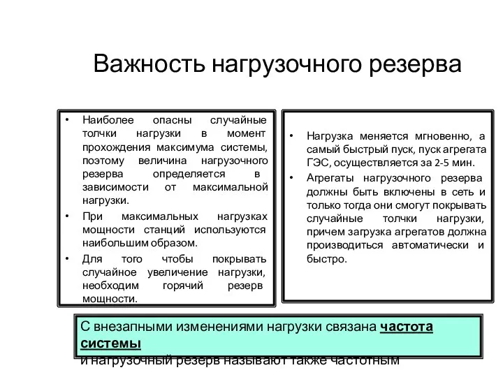 Важность нагрузочного резерва Наиболее опасны случайные толчки нагрузки в момент прохождения максимума