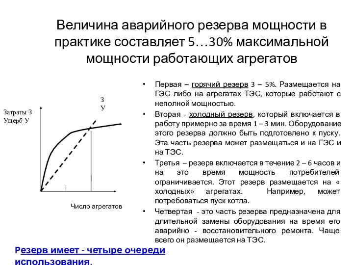 Величина аварийного резерва мощности в практике составляет 5…30% максимальной мощности работающих агрегатов