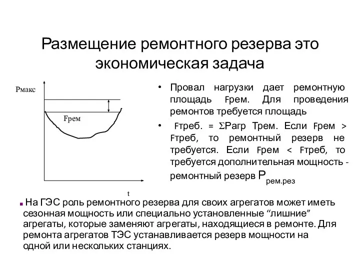 Размещение ремонтного резерва это экономическая задача Провал нагрузки дает ремонтную площадь Fрем.