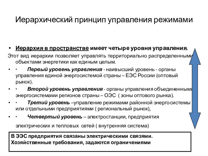 Иерархический принцип управления режимами Иерархия в пространстве имеет четыре уровня управления. Этот