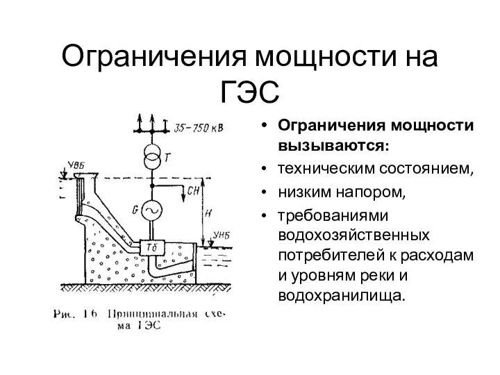 Ограничения мощности на ГЭС Ограничения мощности вызываются: техническим состоянием, низким напором, требованиями