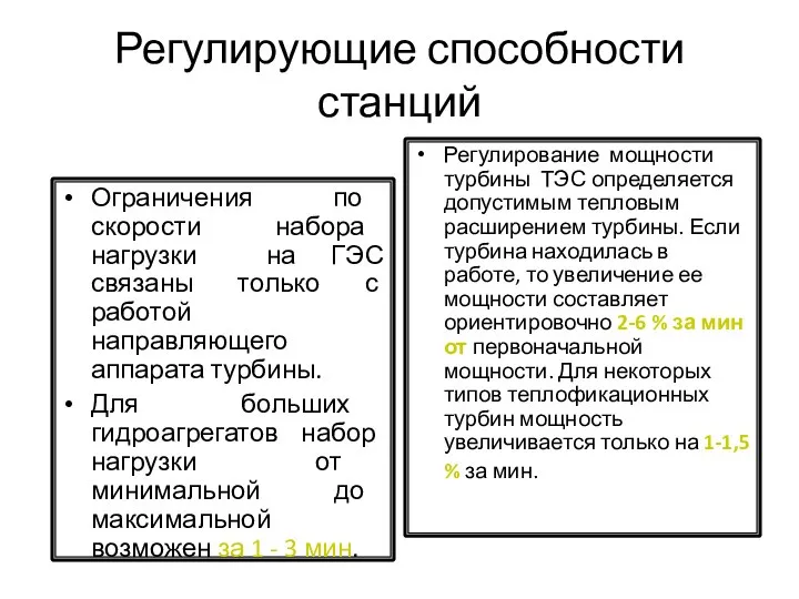 Регулирующие способности станций Ограничения по скорости набора нагрузки на ГЭС связаны только