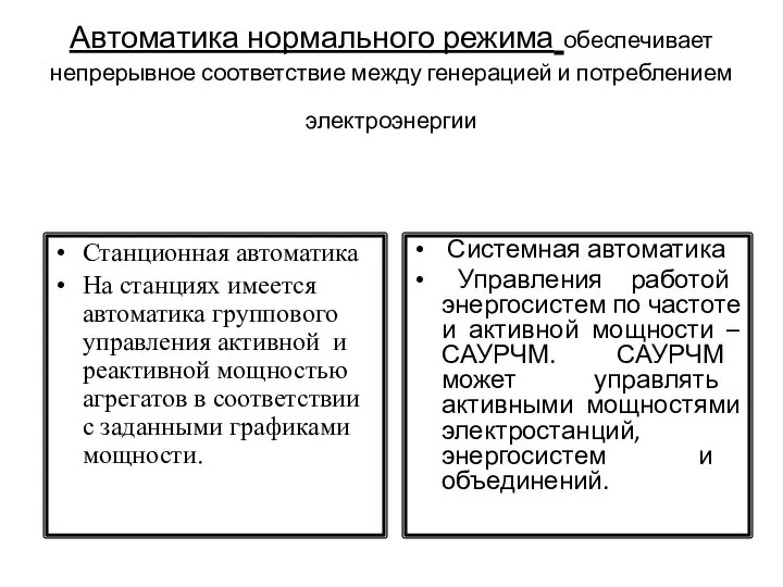 Автоматика нормального режима обеспечивает непрерывное соответствие между генерацией и потреблением электроэнергии Станционная