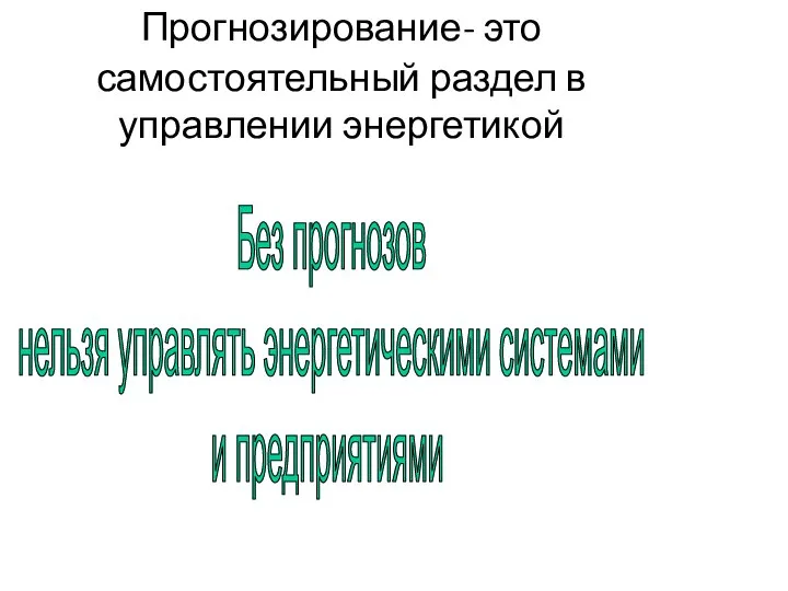 Прогнозирование- это самостоятельный раздел в управлении энергетикой Без прогнозов нельзя управлять энергетическими системами и предприятиями