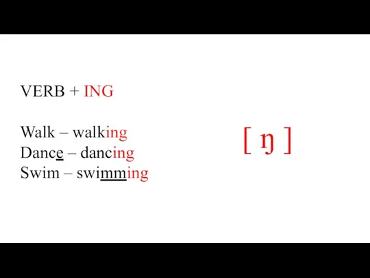 VERB + ING Walk – walking Dance – dancing Swim – swimming [ ŋ ]